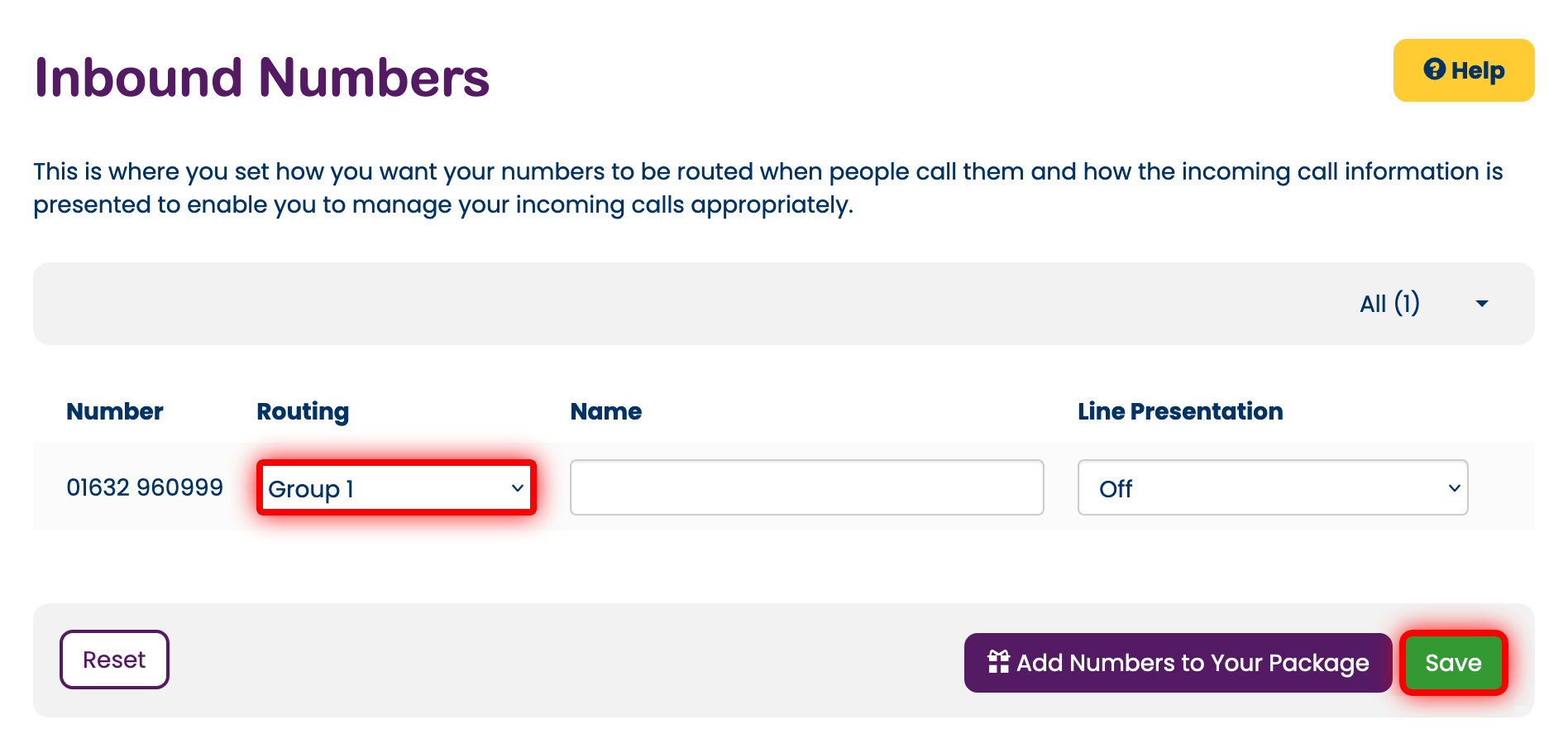 Routing inbound numbers to call groups