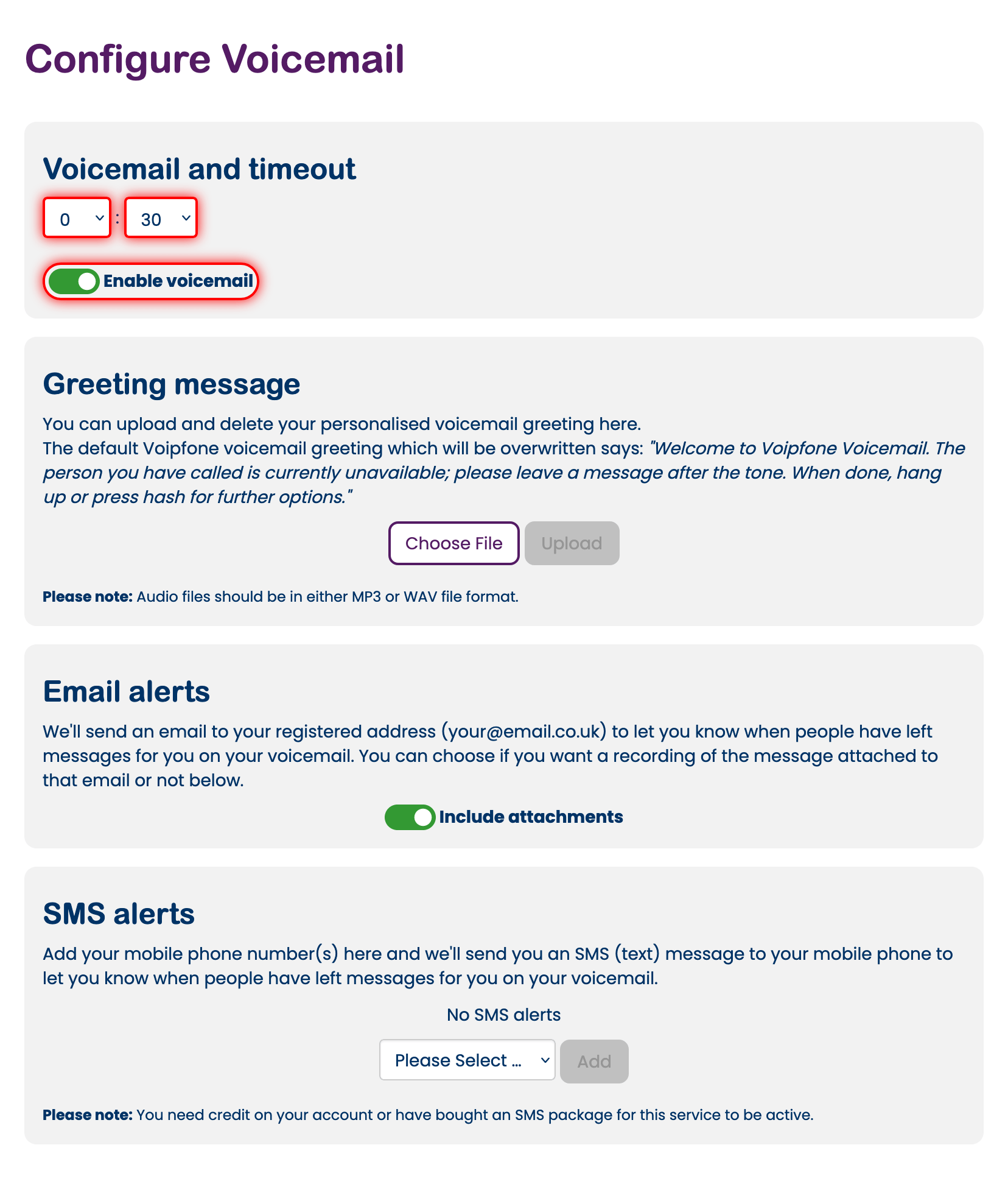 Configuring, enabling and disabling voicemail and timeout