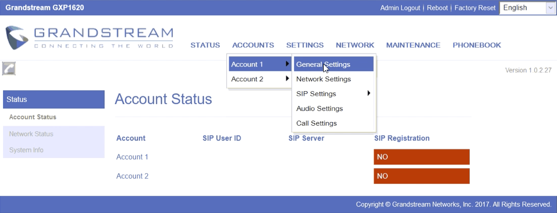 Grandstream GXP1620 Menu