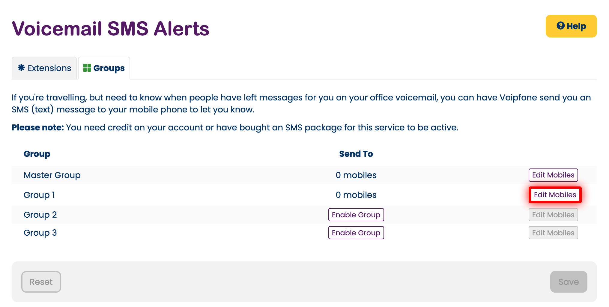 Modfying the group voipcemail SMS alert destinations