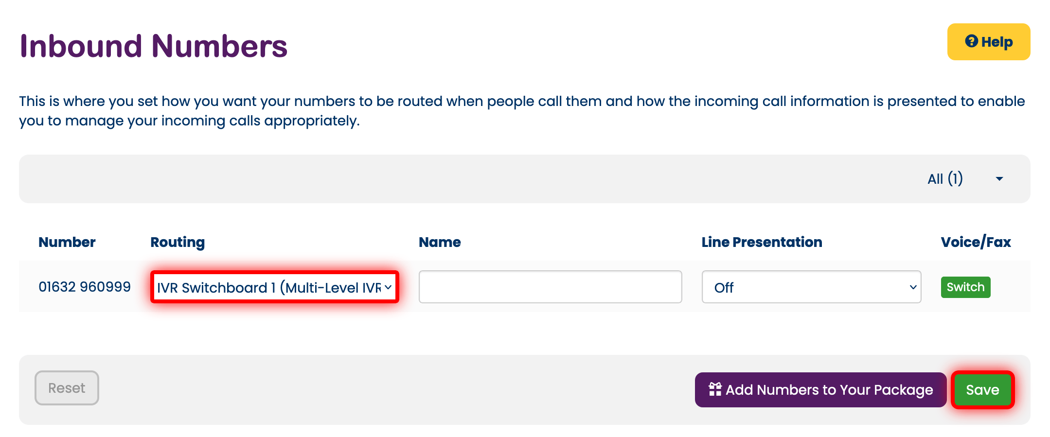 Routing an inbound number to an IVR switchboard