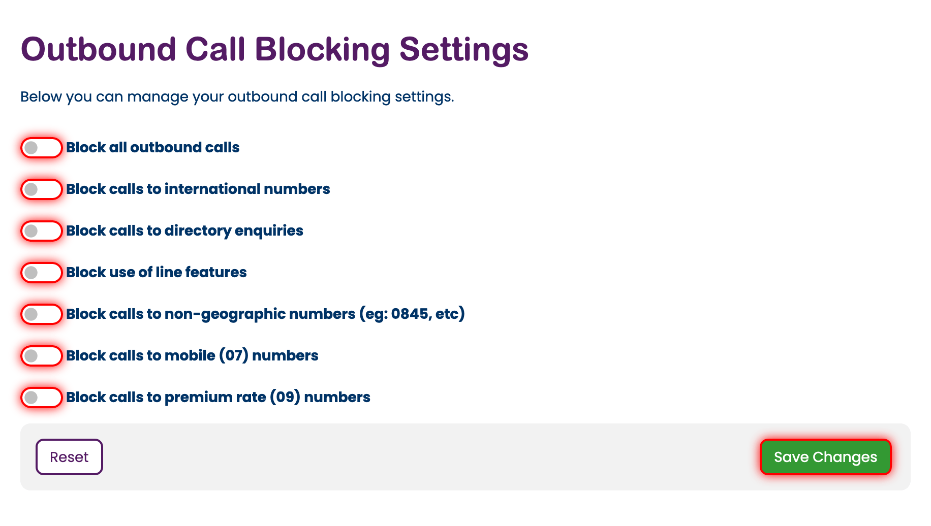 Outbound Call Blocking Settings