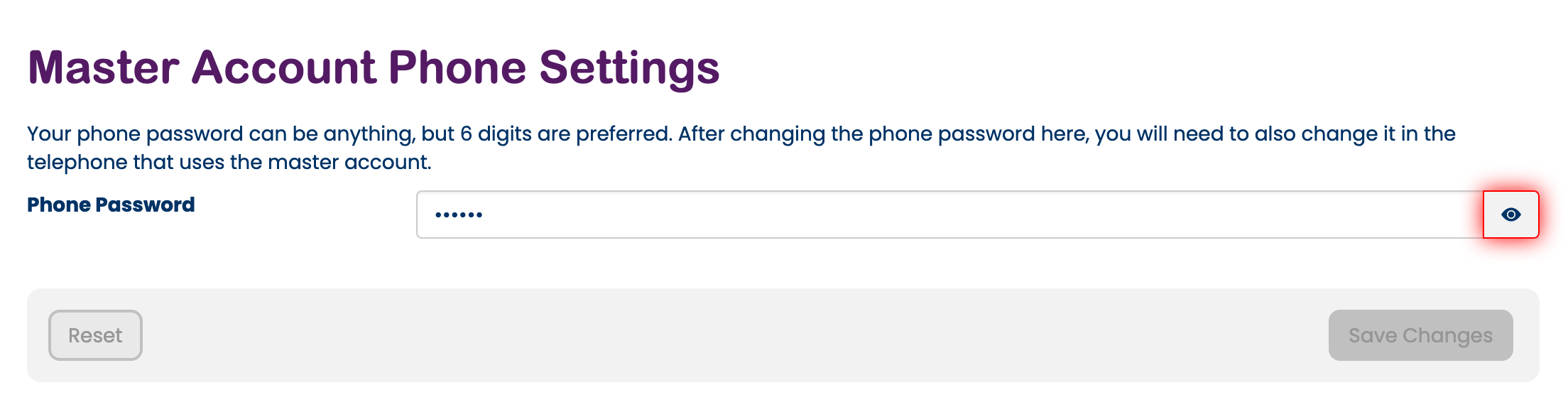 Master account phone settings password location