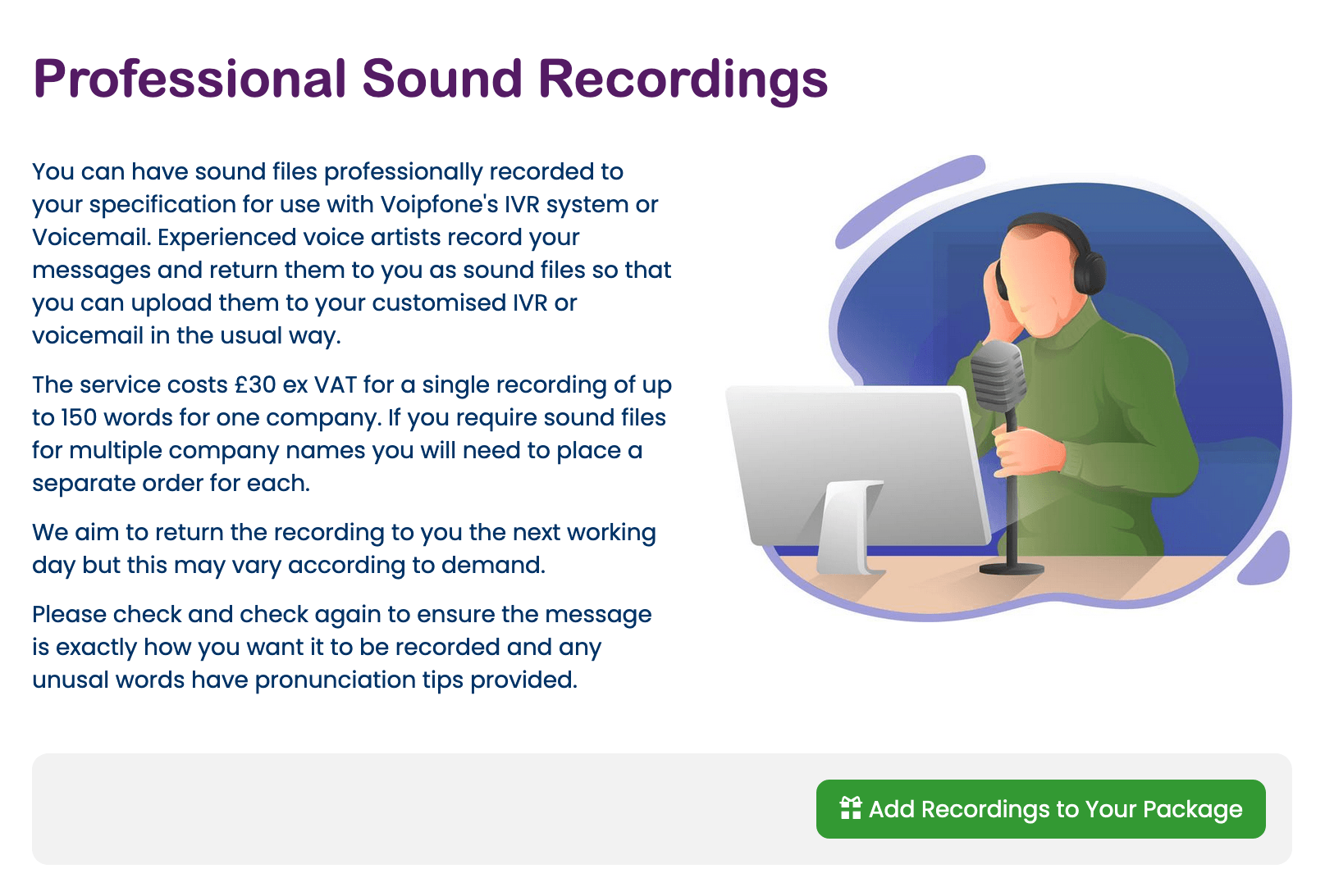 Adding professional sound recordings to your Voipfone package