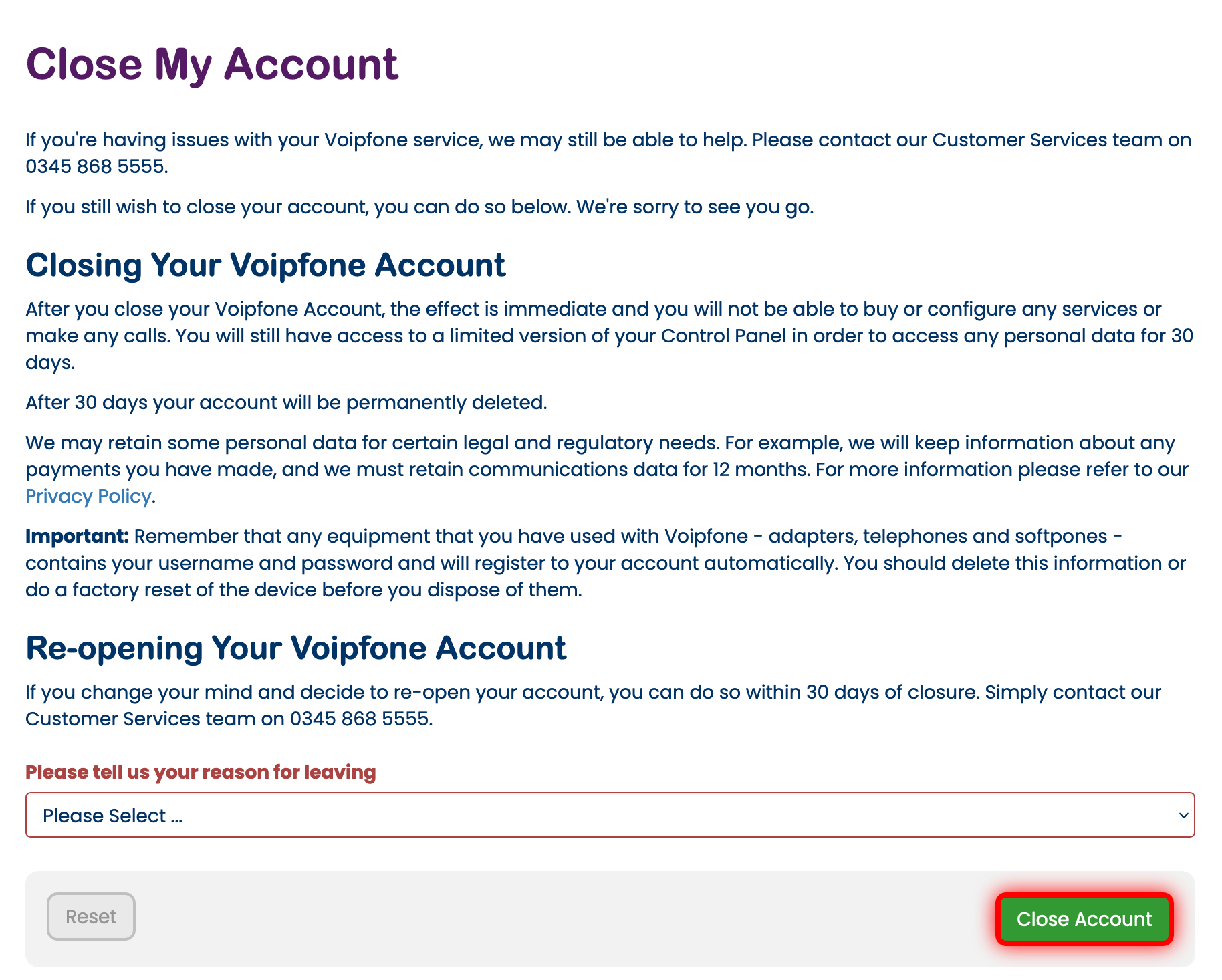 Closing your account